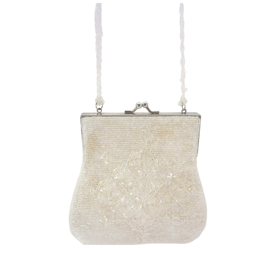 Carlo Fellini Evening Bag Small Cream Good Beaded Kiss Lock Frame Purse